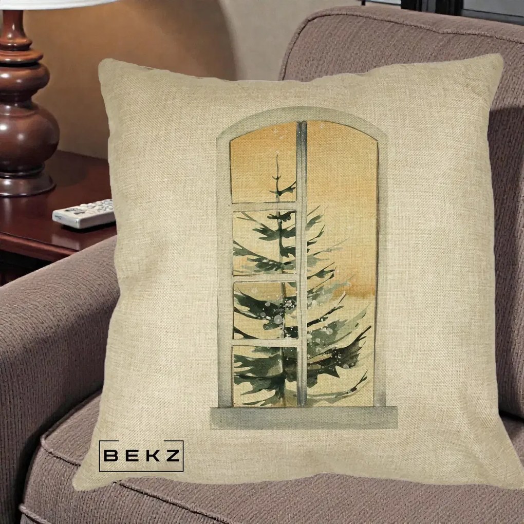 Perna Decorativa Fereastra cu Brad de Iarna, 40x40 cm, Crem, Husa Detasabila, Perna Inclusa, BEKZ®
