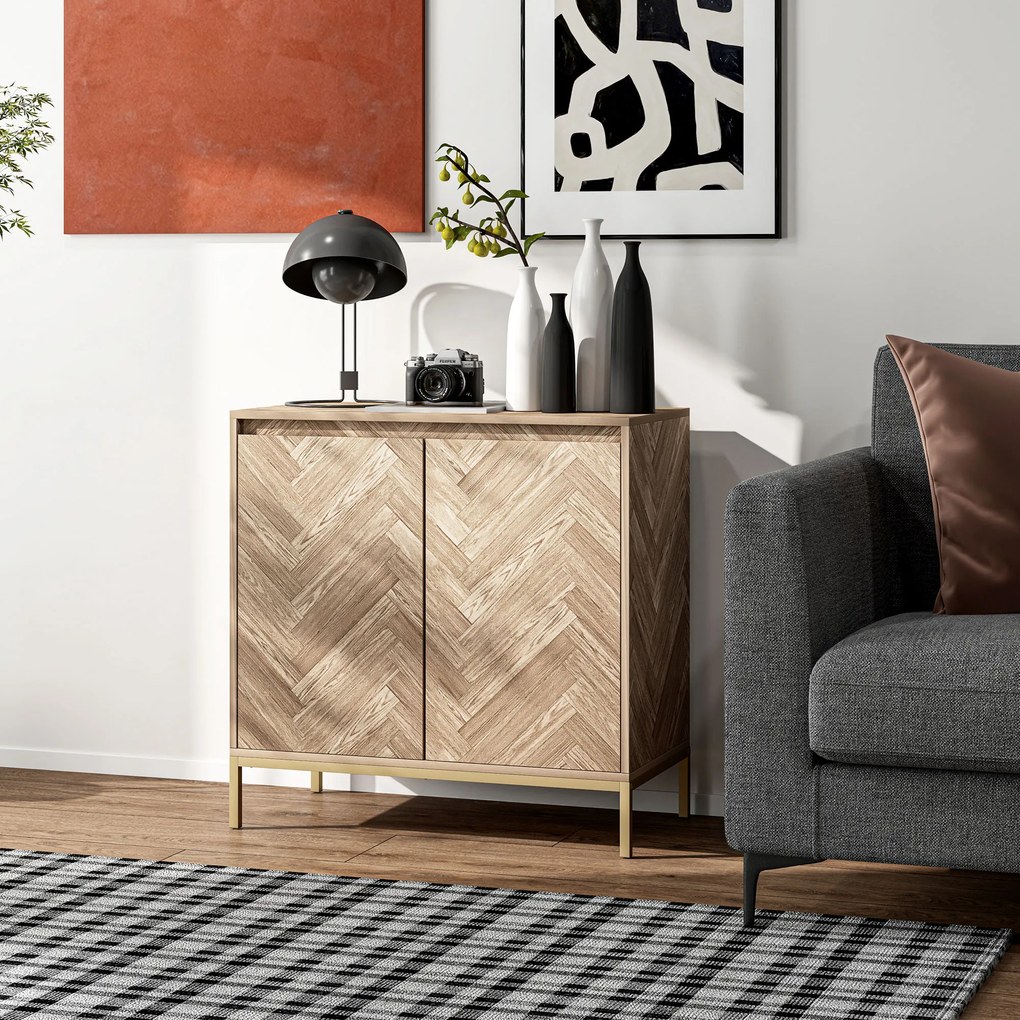 HOMCOM Mobilier de depozitare bufet cu 2 uși în șevalet, raft reglabil și picioare din oțel, dim. 78 x 40 x 78 cm, stejar | Aosom Romania