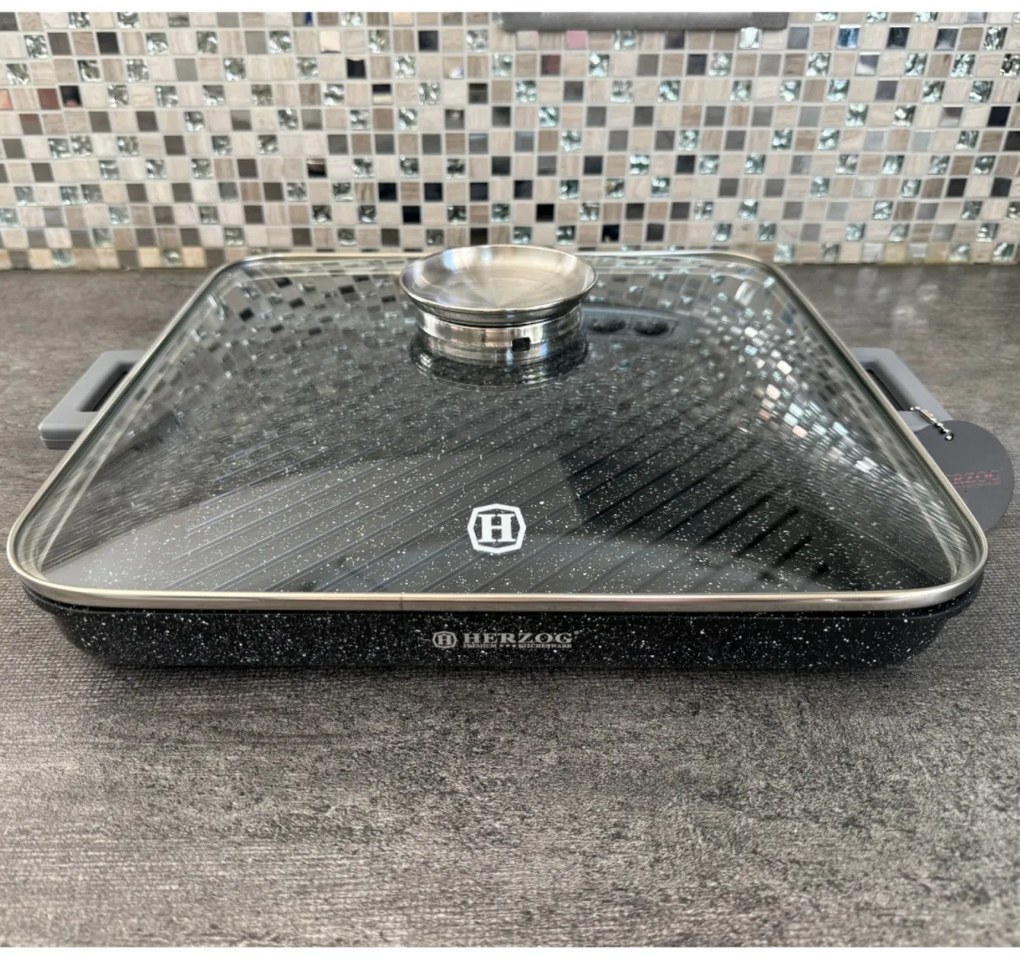 Tava marmorata grill cu capac, 34 CM, patrata, Herzog HR 5233