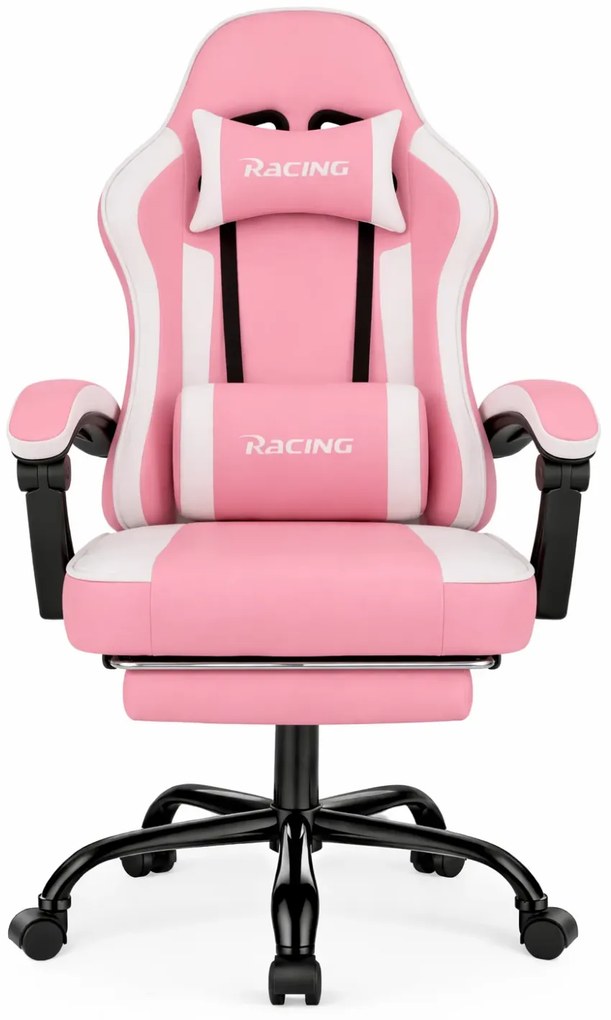 Scaun gaming, Masaj în perna lombară, Suport picioare, Rabatabil 90-165°, piele PU, Roz/Alb