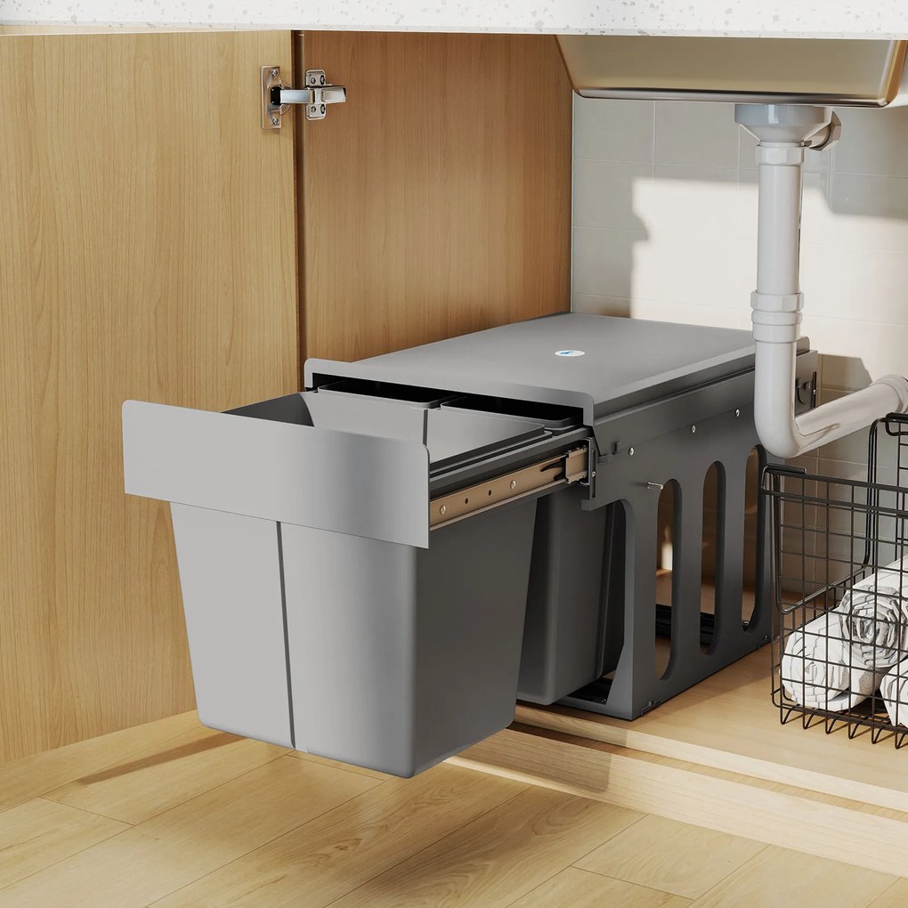 HOMCOM Coș de gunoi extractibil sub chiuvetă cu 3 containere Capacitate totală 31L (15L+8Lx2) Montare inferioară Gri deschis | Aosom Romania