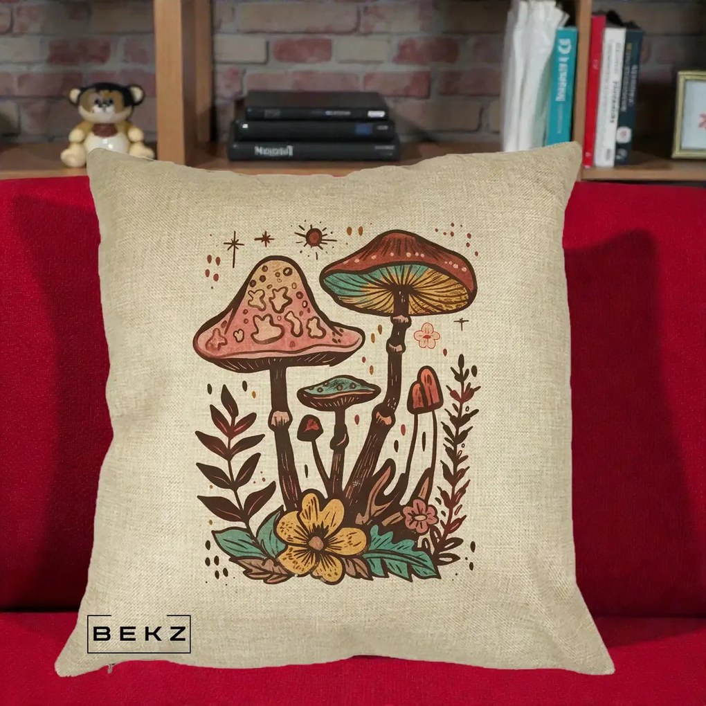 Perna decorativa Ciuperci Boho Multicolore, 40x40 cm cu Umplutura, Crem, BEKZ