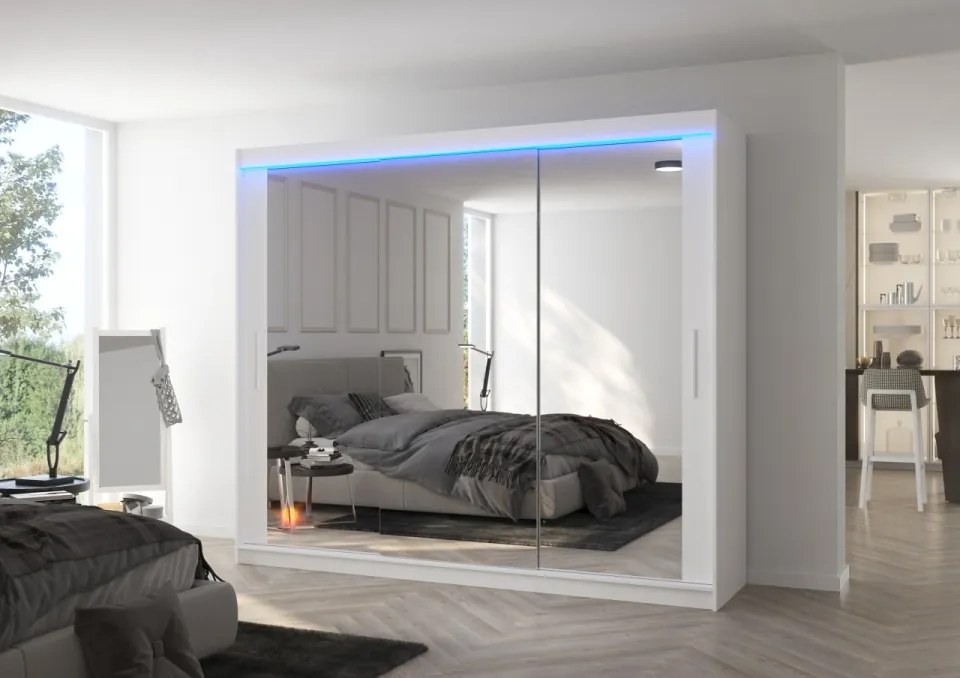 Dulap cu usi glisante si iluminare LED, Chester 250 + LED, 250 cmx200 cmx58 cm, ADRK Furniture (Culoare: Sonoma / Alb)