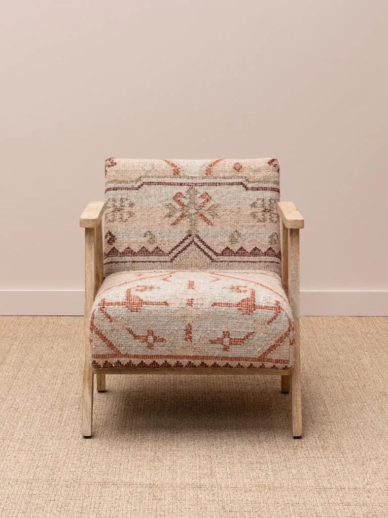 Fotoliu lounge kilim din lână și iută naturală cu structură din lemn de acacia, „Tierra”