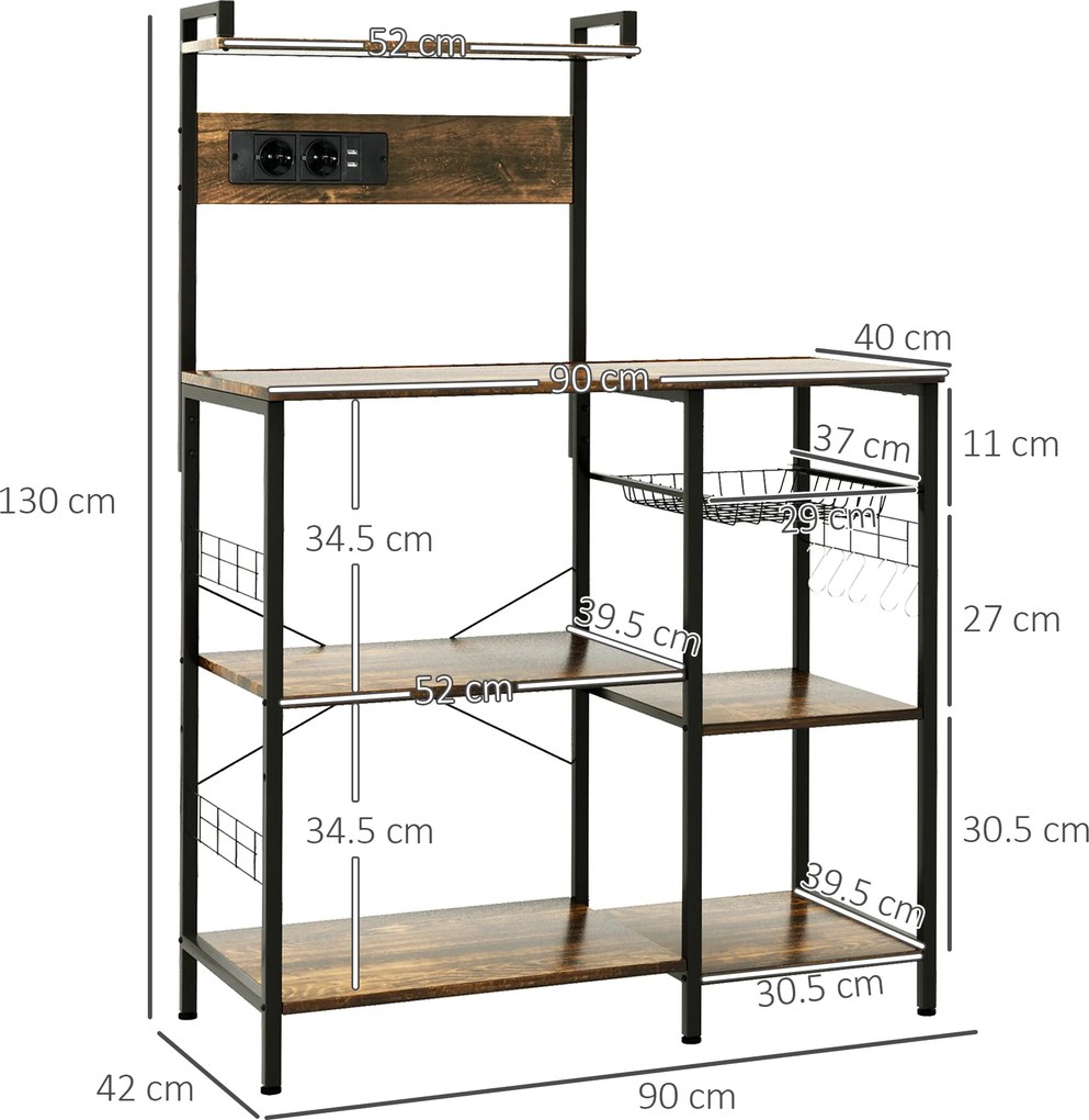 HOMCOM Raft de Bucatarie cu Prize Mutiple, Dulap Bucatarie pentru Microunde cu Rafturi si Cos din Sarma Stil Industrial, 90x42x130cm, Maro