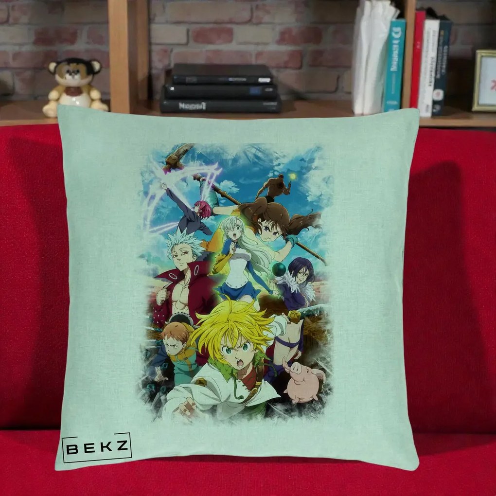 Perna Personalizata Nanatsu no Taizai Cele Sapte Pacate Mortale Anime, 40x40 cm, Verde Menta, Husa Detasabila, Perna Inclusa, BEKZ®