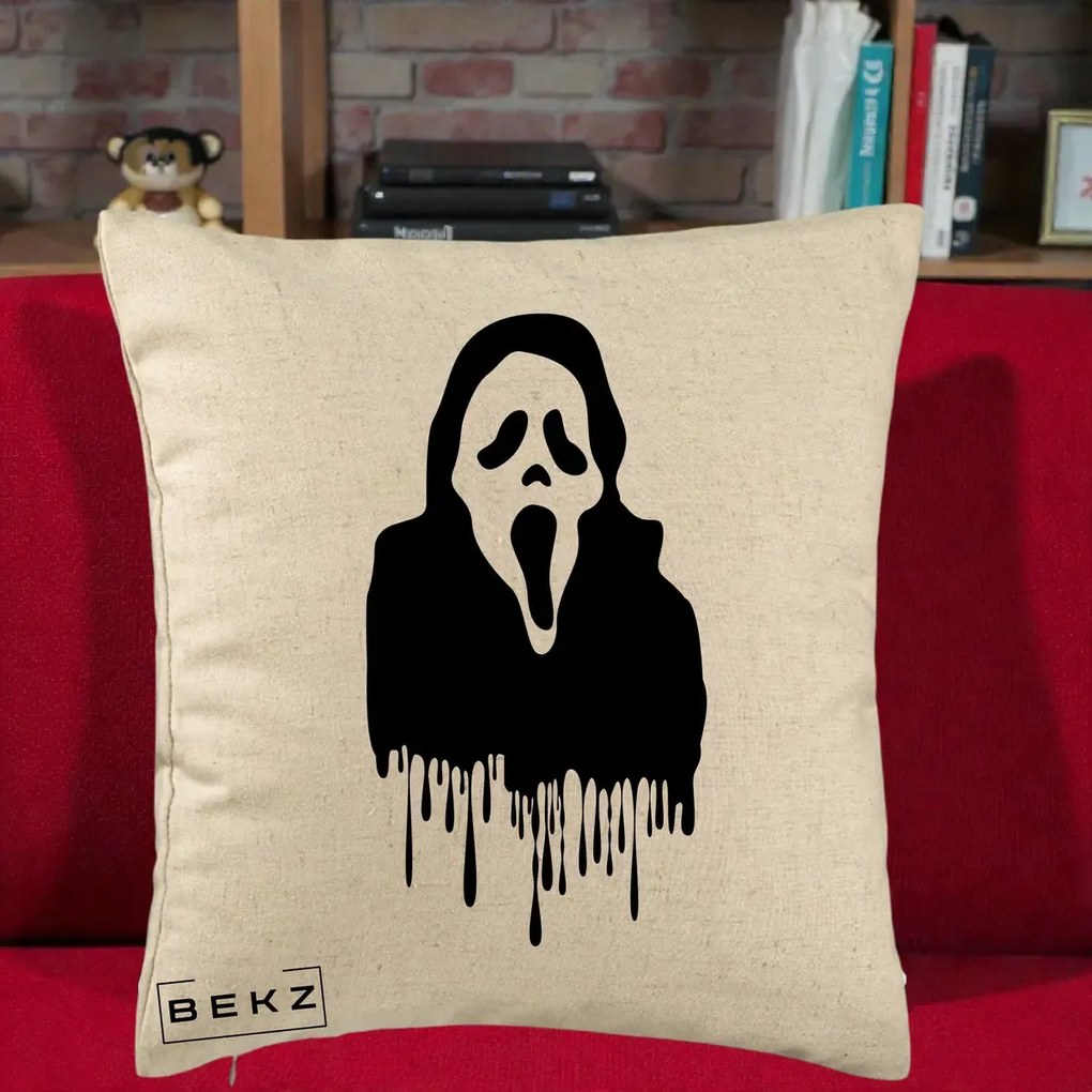 Perna Personalizata Halloween Ghostface Scream Picurand, 40x40 cm, Bej, Husa Detasabila, Perna Inclusa, BEKZ®