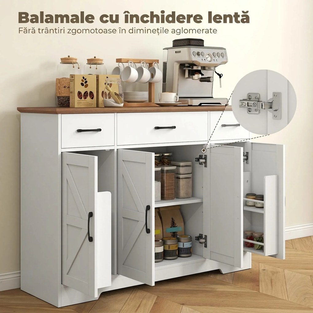 HOMCOM Bufet Bucătărie Rustic, Bufet cu Uși Soft-Close, 3 Sertare, 3 Rafturi Reglabile, Portaspecii, PAL, MDF, Alb | Aosom Romania
