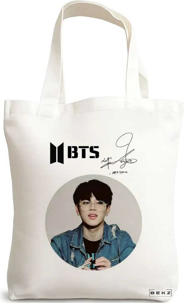 Sacosa de Panza pentru Cumparaturi, Geanta Tote, model BTS Jimin cu semnatura, 38x34.5 cm, Alba, BEKZ®