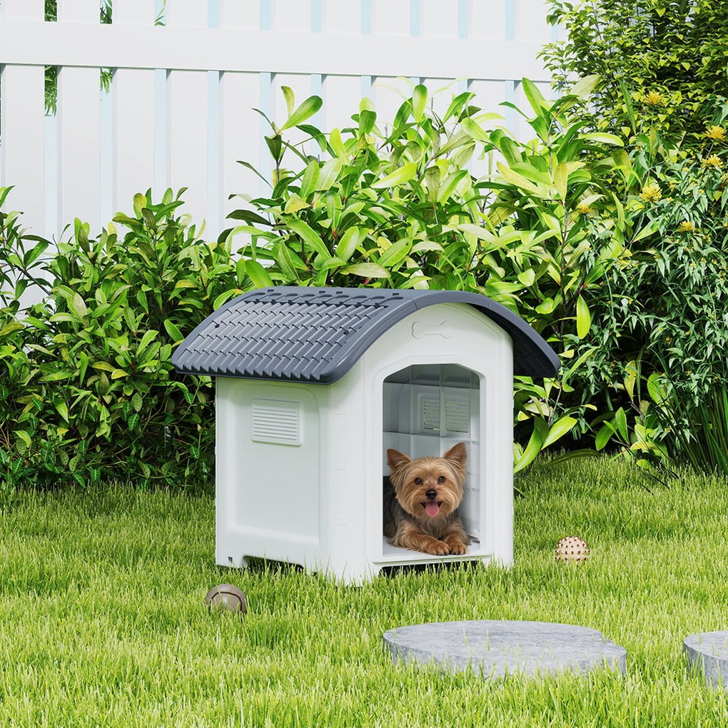 PawHut Cușcă pentru câine de exterior, casă pentru câine din plastic cu podea ridicată și amovibilă, acoperiș impermeabil, gri | Aosom Romania