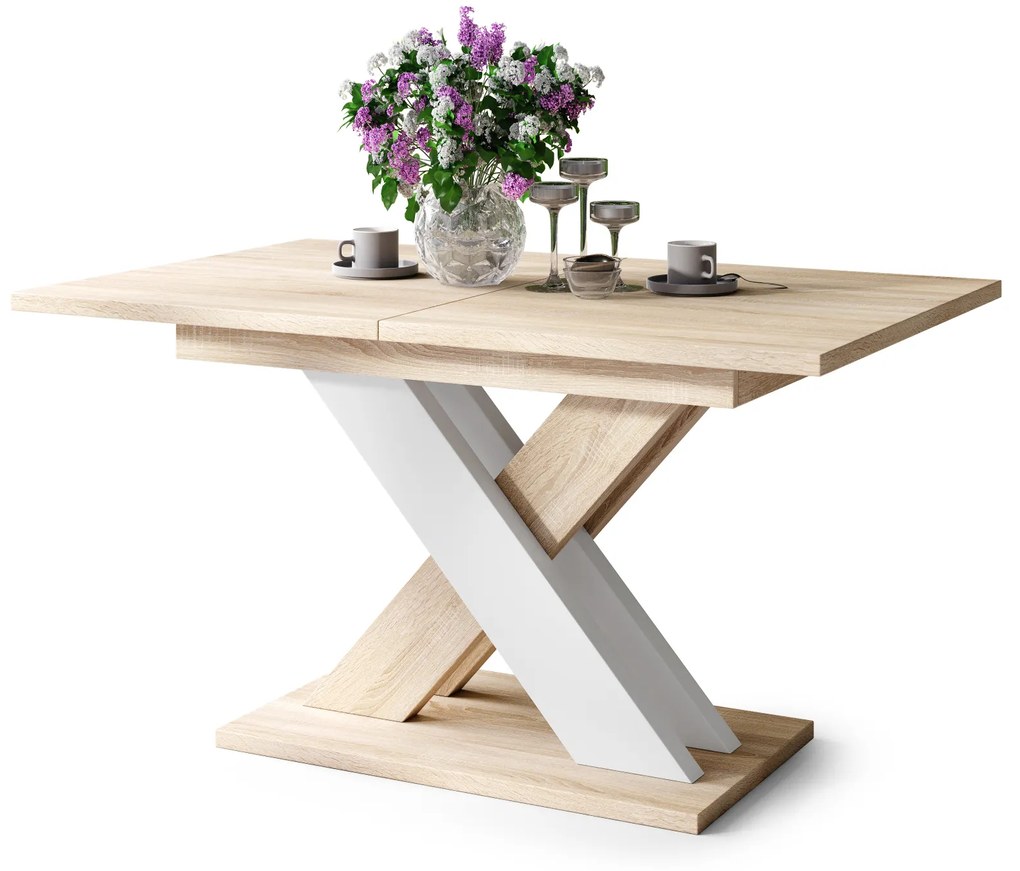 Mazzoni KARO Stejar Sonoma/Alb Mat – MASĂ/MĂSUȚĂ DE CAFEA MODERNĂ CU BLAT EXTENSIBIL până la 180 cm