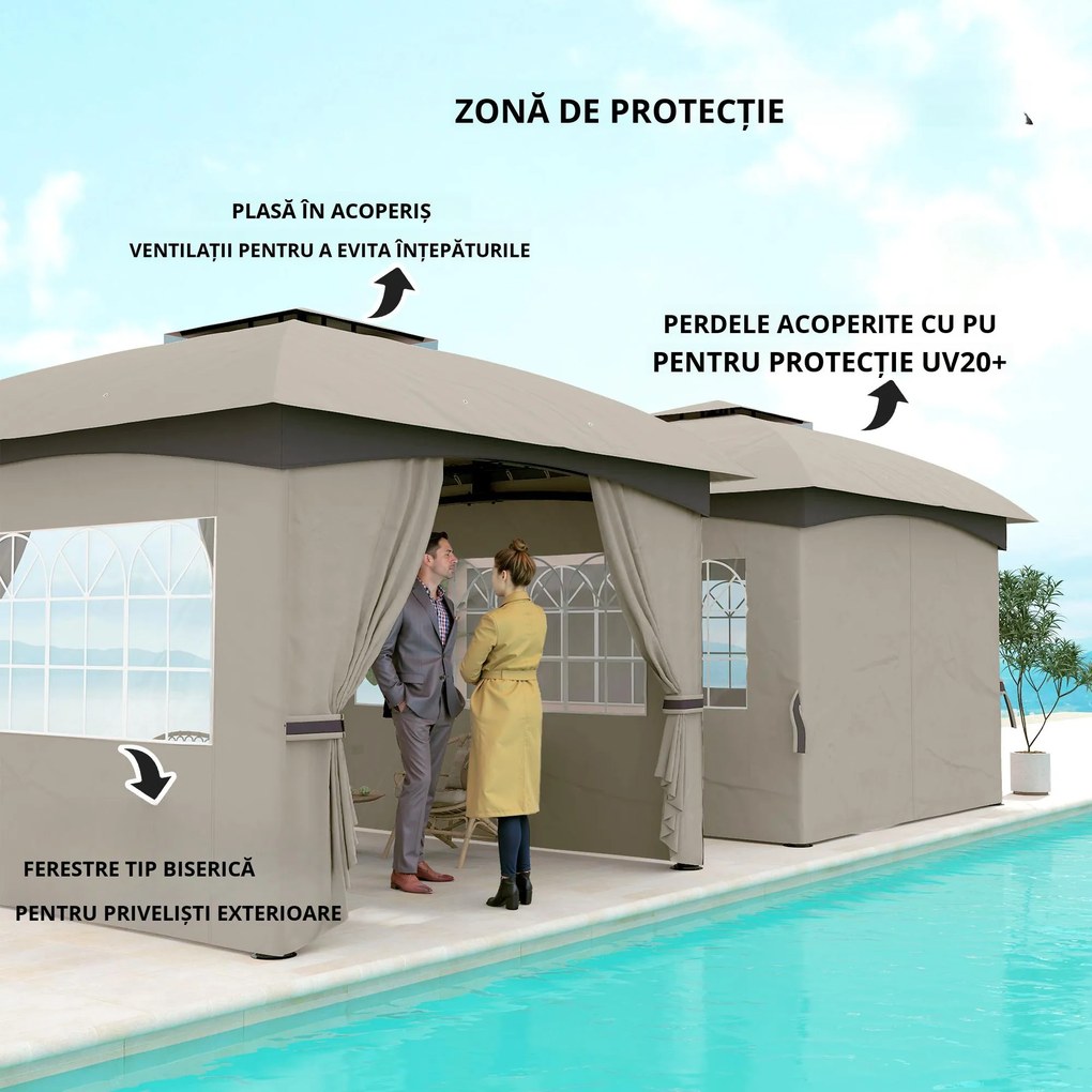 Outsunny Pavilion de grădină 3,4 x 3,4 m, Cort de bere cu acoperiș ventilat, ferestre arcuite, cadru din oțel, Gri deschis | Aosom Romania
