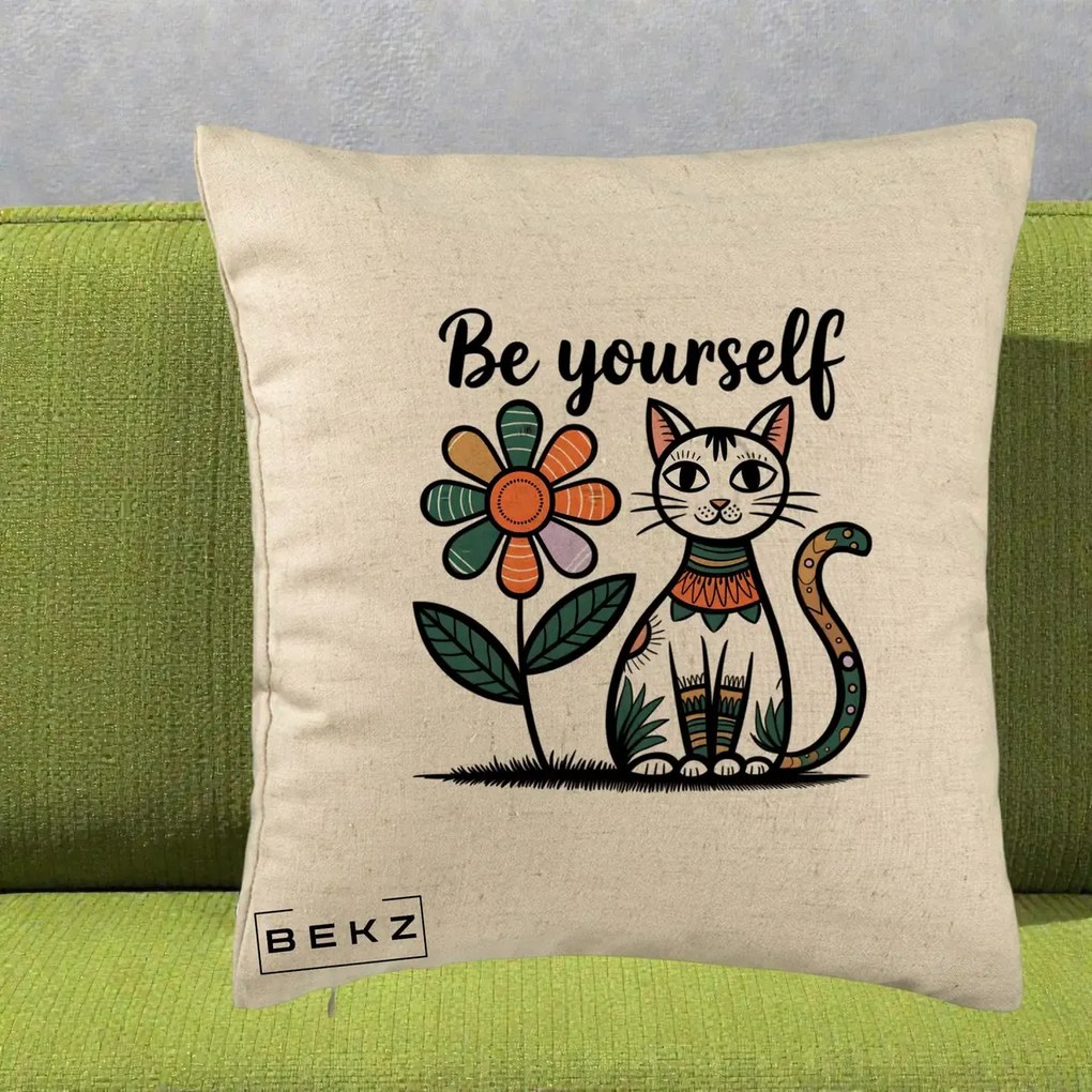 Perna Personalizata Be Yourself Pisica Folk, 40x40 cm, Bej, Husa Detasabila, Perna Inclusa, BEKZ®
