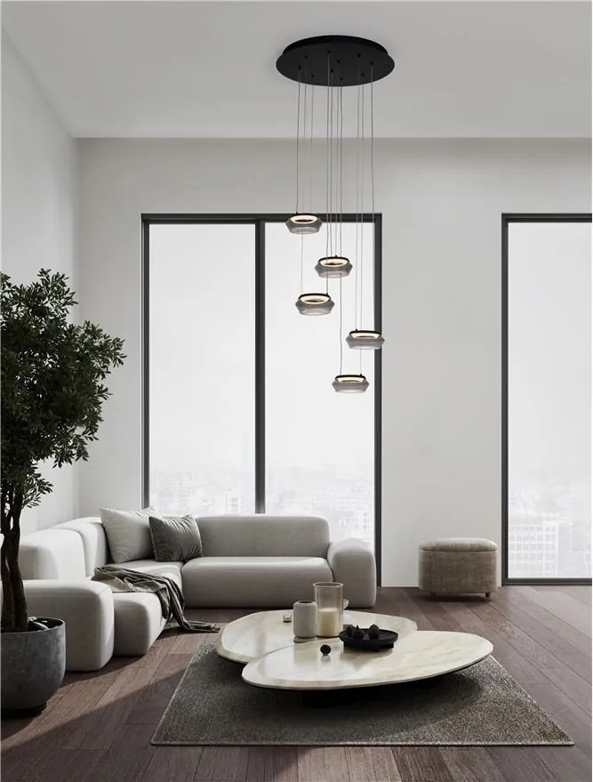 Lustra cu 5 pendule LED, Metal, Negru, Sticla, JAILYN