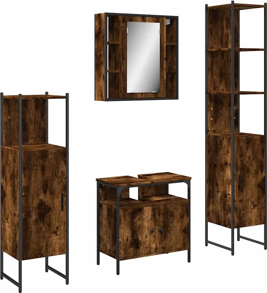 vidaXL Set dulapuri de baie, 4 piese, stejar afumat, lemn prelucrat