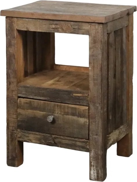 Noptieră rustică din lemn reciclat, natur, cu sertar, nișă deschisă și laterale în ramă și panou, 63 x 44 x 37 cm, „Grimaud”
