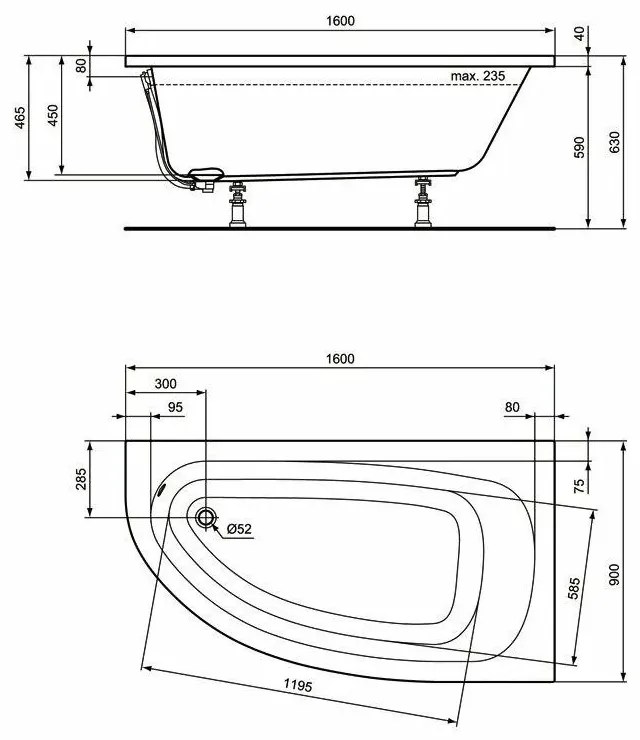 Cada baie pe colt Ideal Standard Hotline, asimetrica, 160x90 cm, orientare dreapta Dreapta