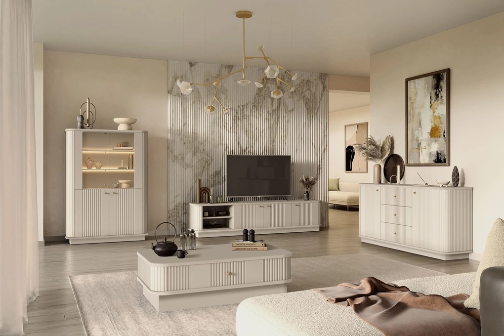 Comodă TV Vesper 3D 187 cm pe plintă - cashmir cu mânere aurii