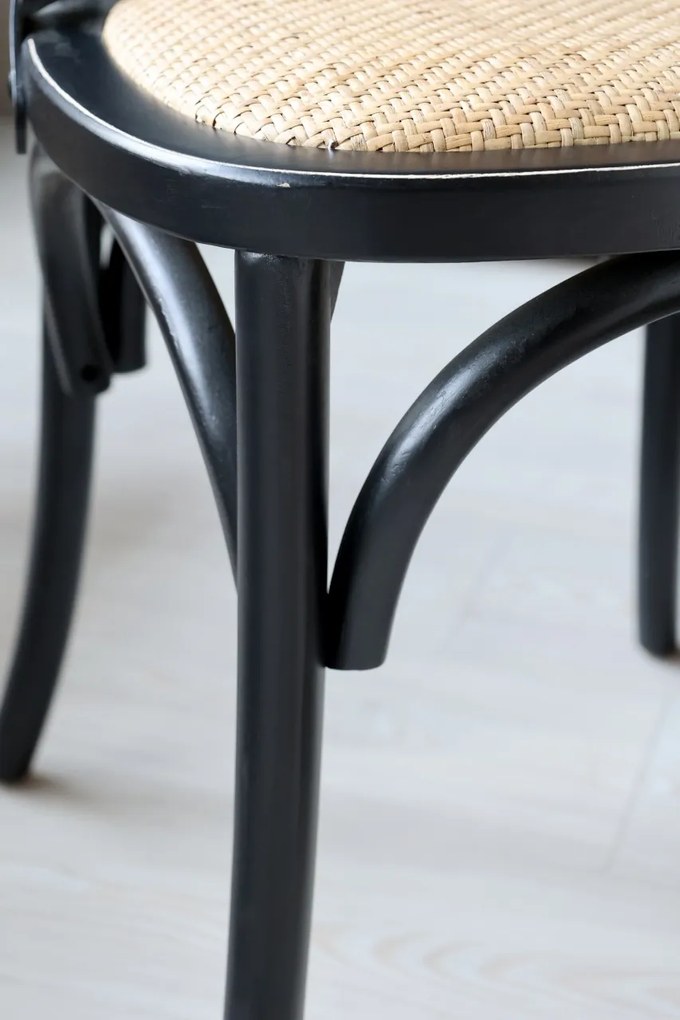 Scaun dining negru din lemn de cauciuc, rattan si rachita, cu aspect vintage, French