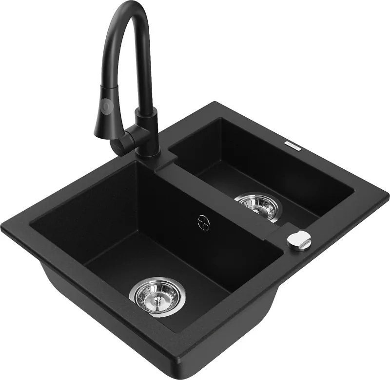 Mexen Carlos chiuvetă de bucătărie granite cu 1,5 cuve cu robinet Elia, negru - 6518-77-670101-70