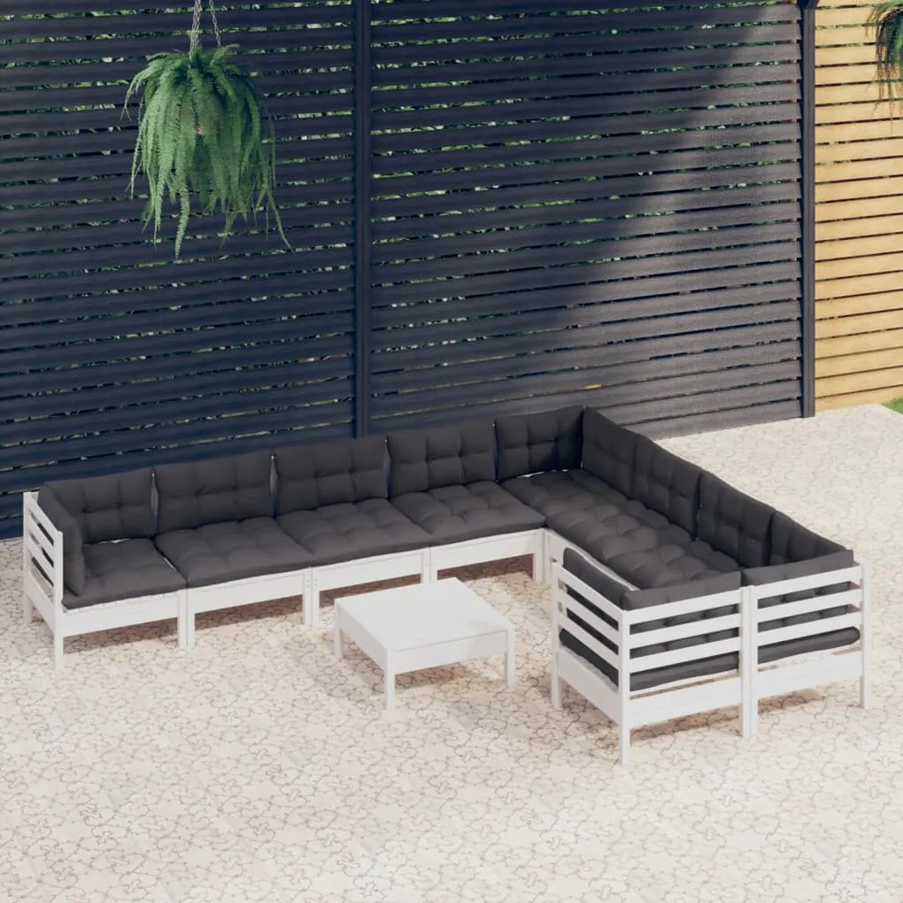 vidaXL Set mobilier grădină cu perne, 10 piese, alb, lemn de pin
