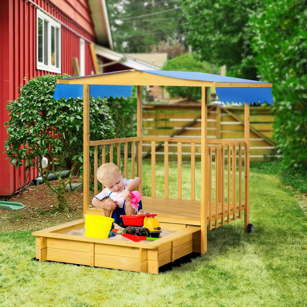 Outsunny Nisipar Nisipar cu Casa de Joaca Nisipar cu Acoperis, 133 x 129 x 137, 5 cm, Lemn + Albastru | Aosom Romania