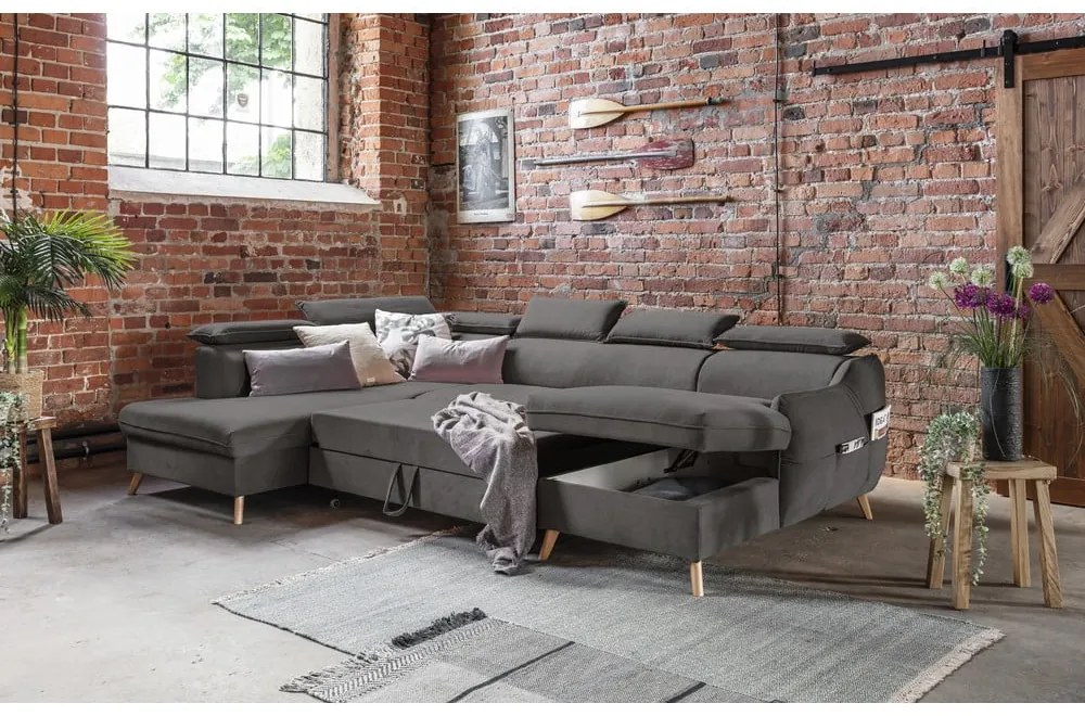 Colțar gri închis extensibil cu tapițerie din catifea (cu colț pe partea stângă /în formă de "U") Sweet Harmony – Miuform