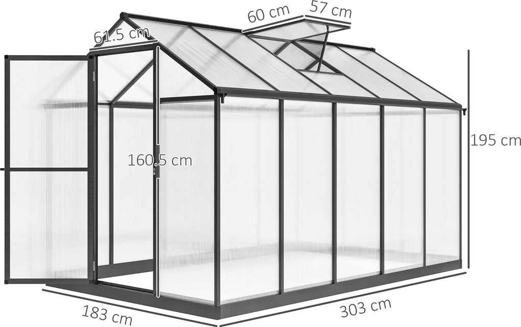 Outsunny Seră de grădină din aluminiu și policarbonat, cu ferestre superioare reglabile 303x183x195cm transparent | Aosom Romania