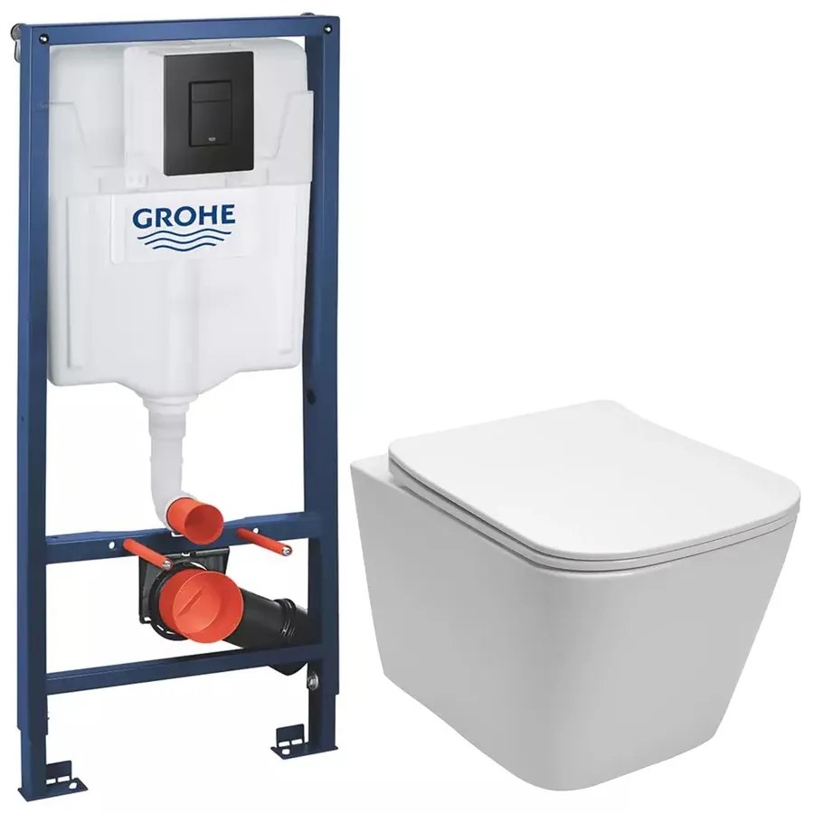 Pachet vas wc suspendat Rea alb, capac softclose, rezervor Grohe Rapid SL si clapeta Grohe Even negru mat