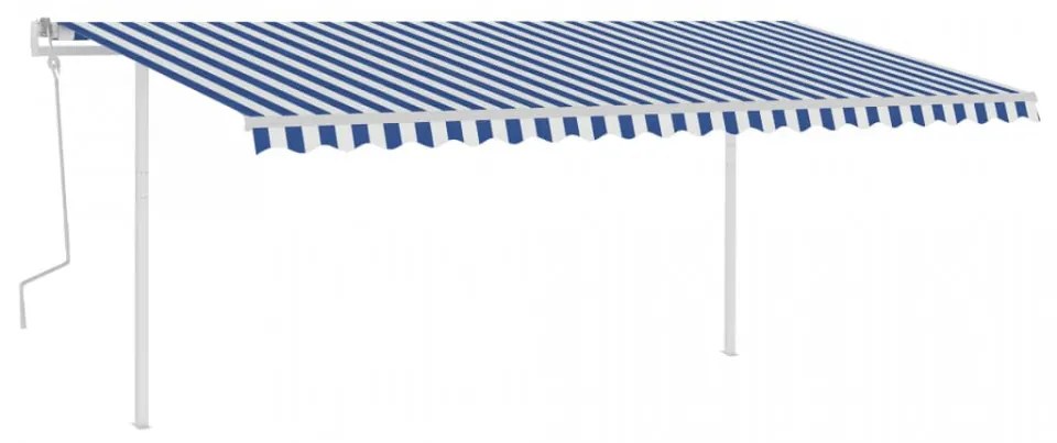 Copertină retractabilă manual, cu stâlpi, albastru & alb, 5x3 m