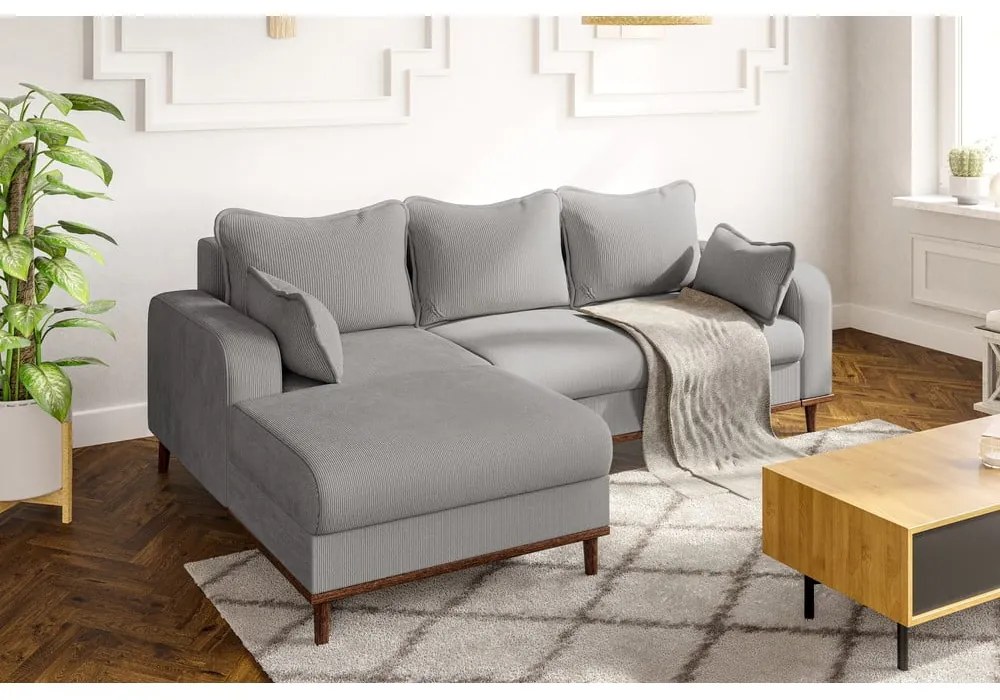 Colțar gri deschis cu tapițerie din catifea reiată (cu colț pe partea stângă ) Beata – Ropez