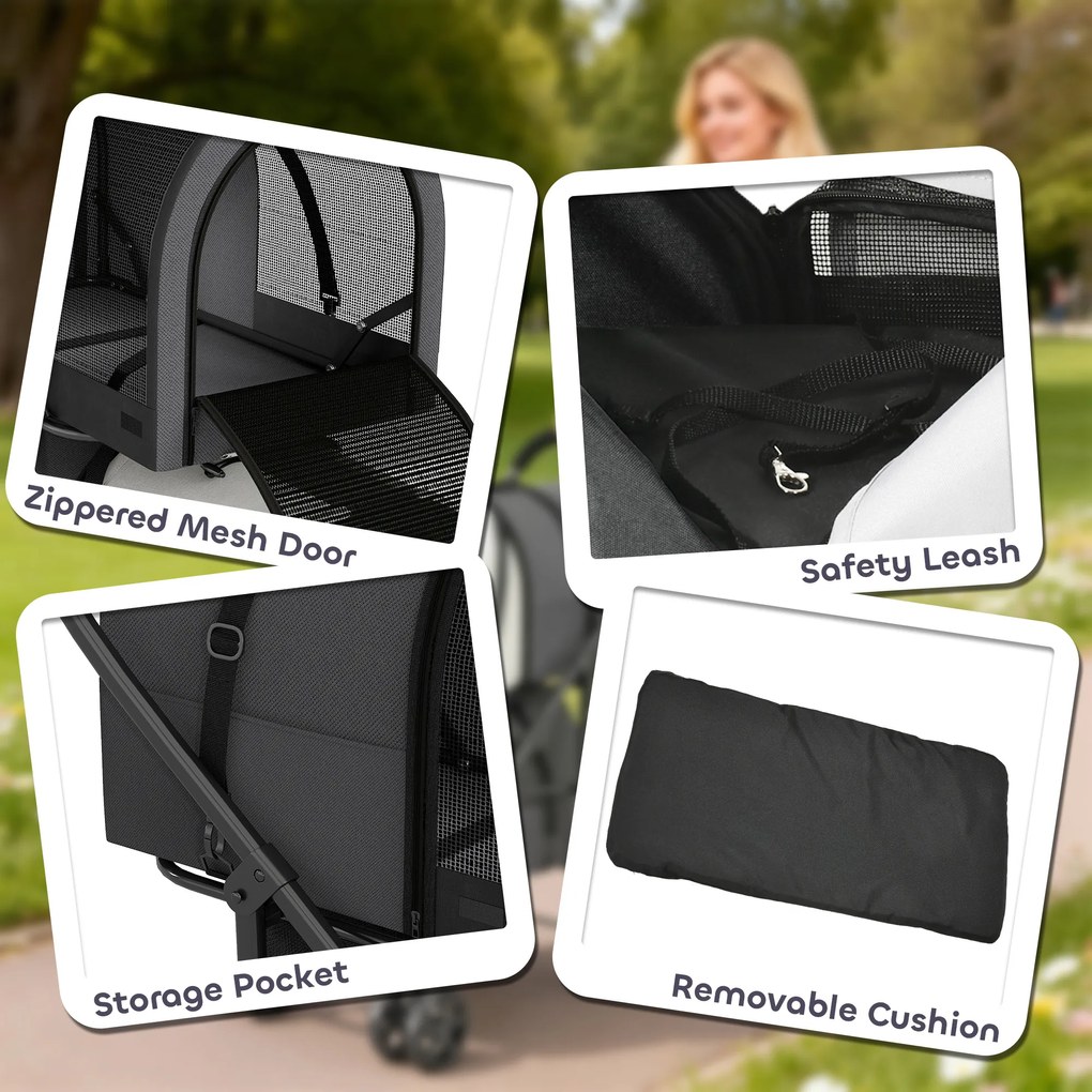 PawHut Cărucior Dublu pentru Câini și Pisici Pliabil cu 2 Transportine Detașabile cu Centură și Perne 66x50x98cm Gri Închis | Aosom Romania