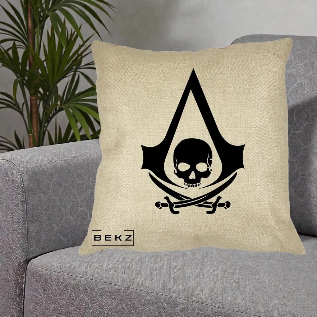 Perna Personalizata Assassin's Creed Black Flag Skull, 40x40 cm, Crem, Husa Detasabila, Perna Inclusa, BEKZ®