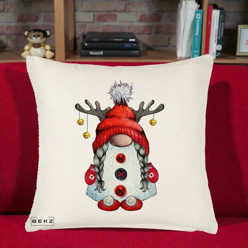 Perna Decorativa Pitic Gnom Craciun cu Coarne de Ren, 40x40 cm, Crem Reliefat, Husa Detasabila, Perna Inclusa, BEKZ®