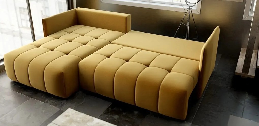 Colțar extensibil dumonde cu ladă de depozitare si sezut confortabil din spuma high-density, Malta Royal Muștar 235x185 cm