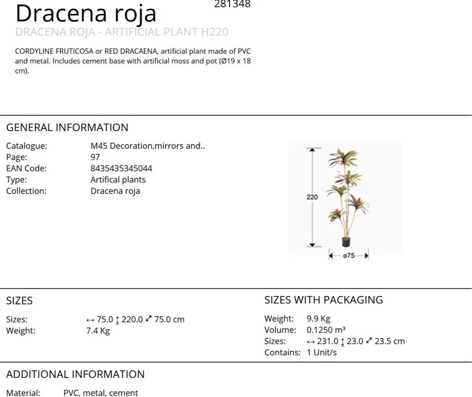 Planta artificiala decorativa Dracena roja, H220