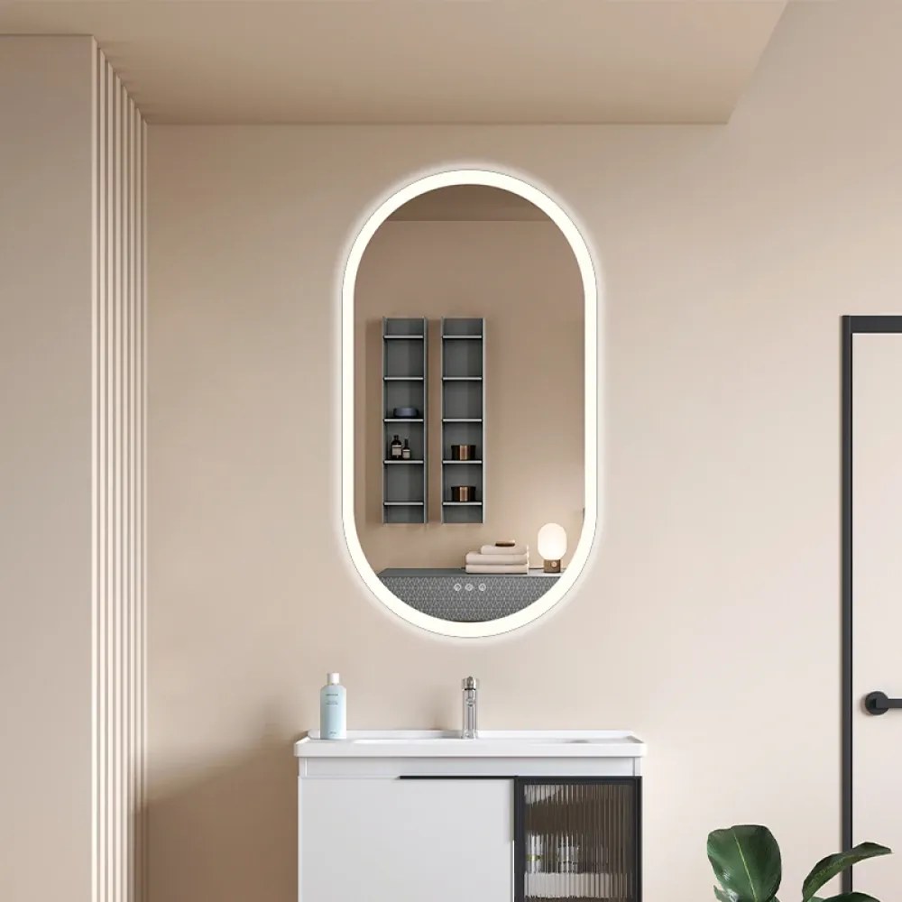 Oglindă baie, Multifuncțională, Iluminare LED Touch, Intensitate reglabila, Sistem Dezaburire, Ceas electronic încorporat, Indicator Temperatura, 50x70 cm