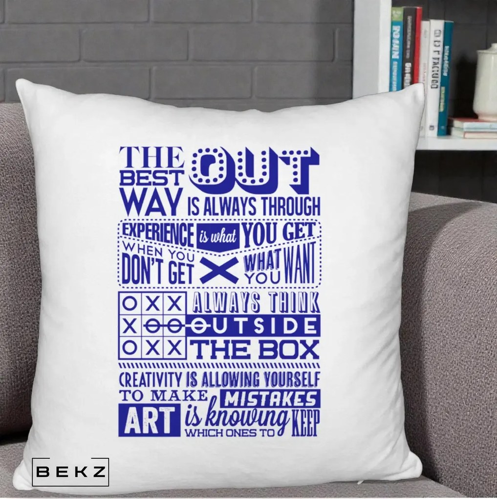 Perna Decorativa Citate Creativitate Albastru, 40x40 cm, Alb Pufos, Husa Detasabila, Perna Inclusa, BEKZ®