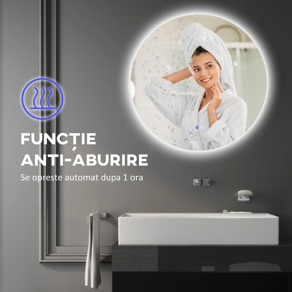 Kleankin Oglinda de Baie Rotunda cu Lumina LED in 3 Culori si intrerupatoare Touch, Ø70x3.5 cm, Transparent | Aosom Romania
