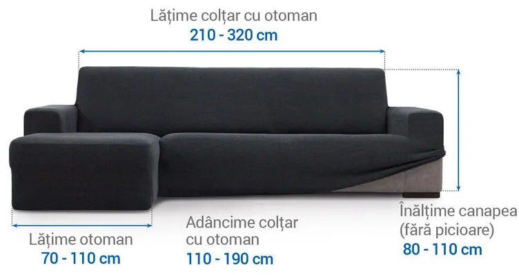 Huse super elastice HARMONIA antracit canapea cu otoman stânga (l. 210 - 320 cm)