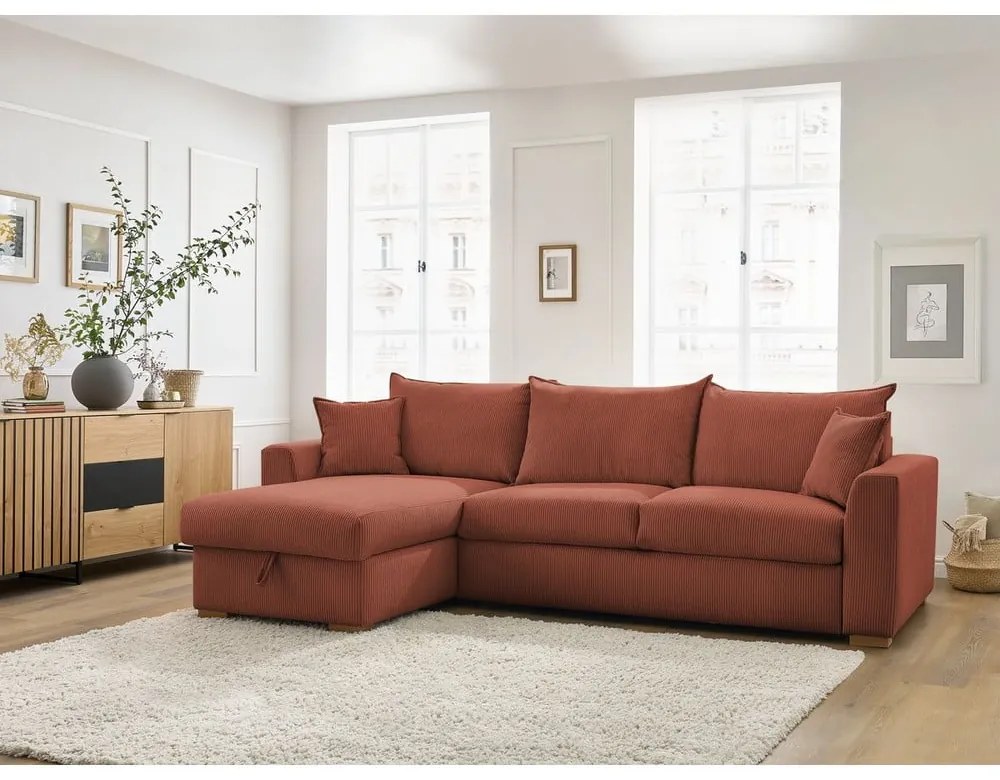 Colțar cărămiziu extensibil cu tapițerie din catifea reiată (cu colț variabil) Augustin – Bobochic Paris