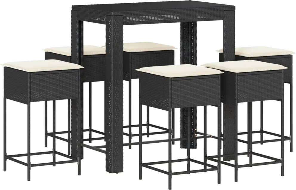 vidaXL Set bar de grădină, 7 piese, cu perne, negru, poliratan