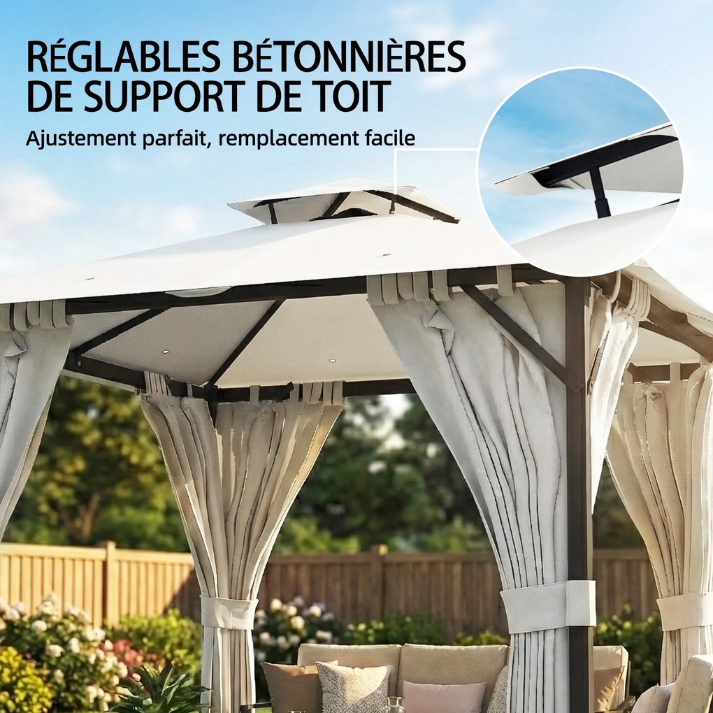 Outsunny Tonnelă de grădină exterior 3x3m pavilion de grădină, acoperiș dublu, draperii, cârlige pentru tavan, cadru metalic, crem | Aosom Romania