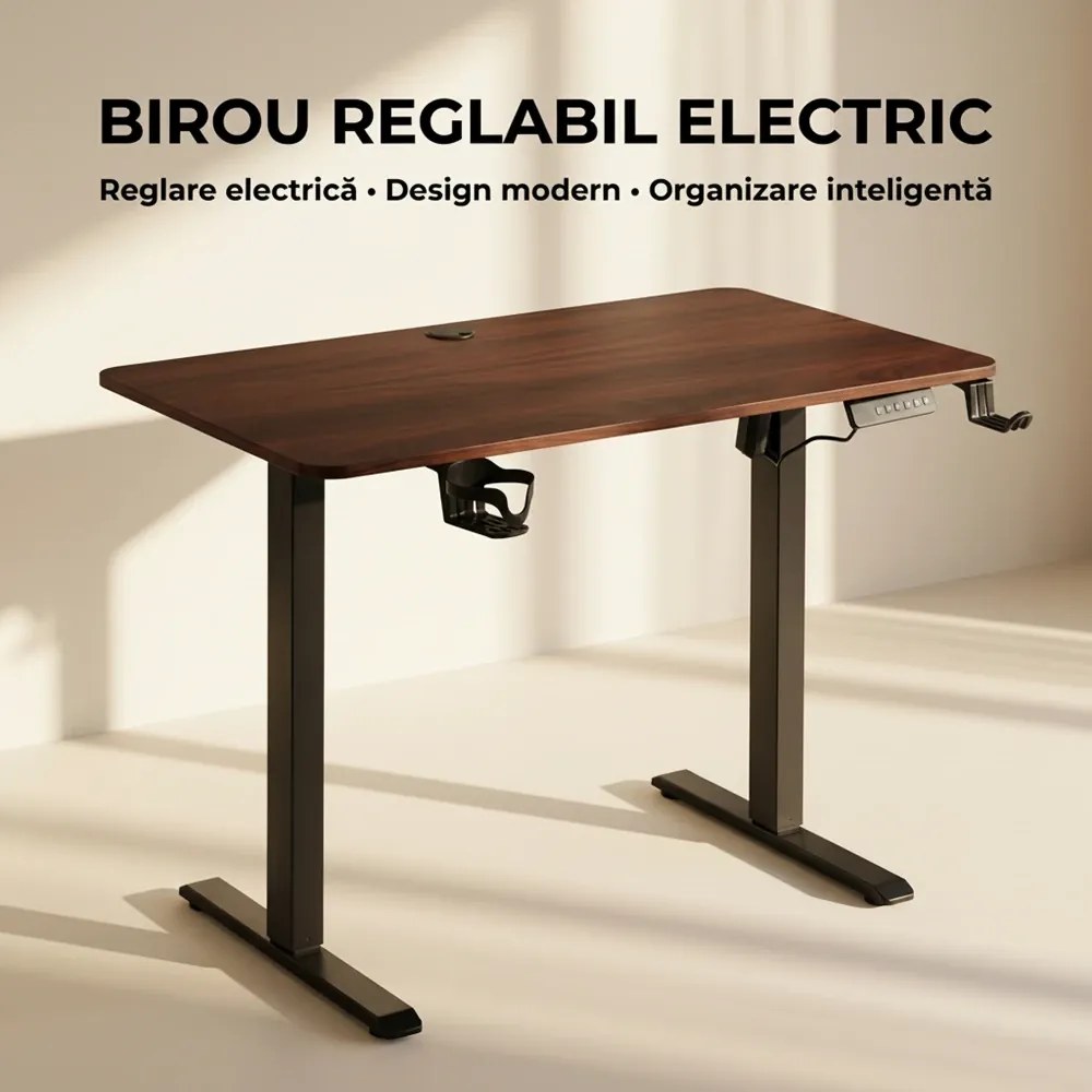 ELEVON WX-009 – Birou Reglabil Electric, Înălțime Reglabilă 72–118 cm, Blat Monobloc PAL de Înaltă Densitate 15 mm, Cadru Metalic din Oțel 65×45 mm, Panou Electronic, 100 × 60 cm, Walnut