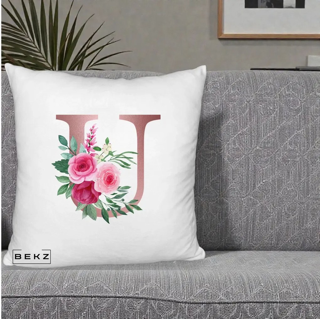 Cadou Personalizat - Perna Personalizata Monograma Rose Gold Litera U, 40x40 cm, Alb Pufos, Husa Detasabila, Perna Inclusa, BEKZ®