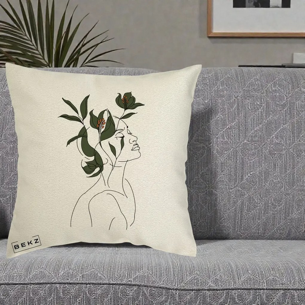 Perna Decorativa Portret Feminin Crin Verde, 40x40 cm, Ecru, Husa Detasabila, Perna Inclusa, BEKZ®