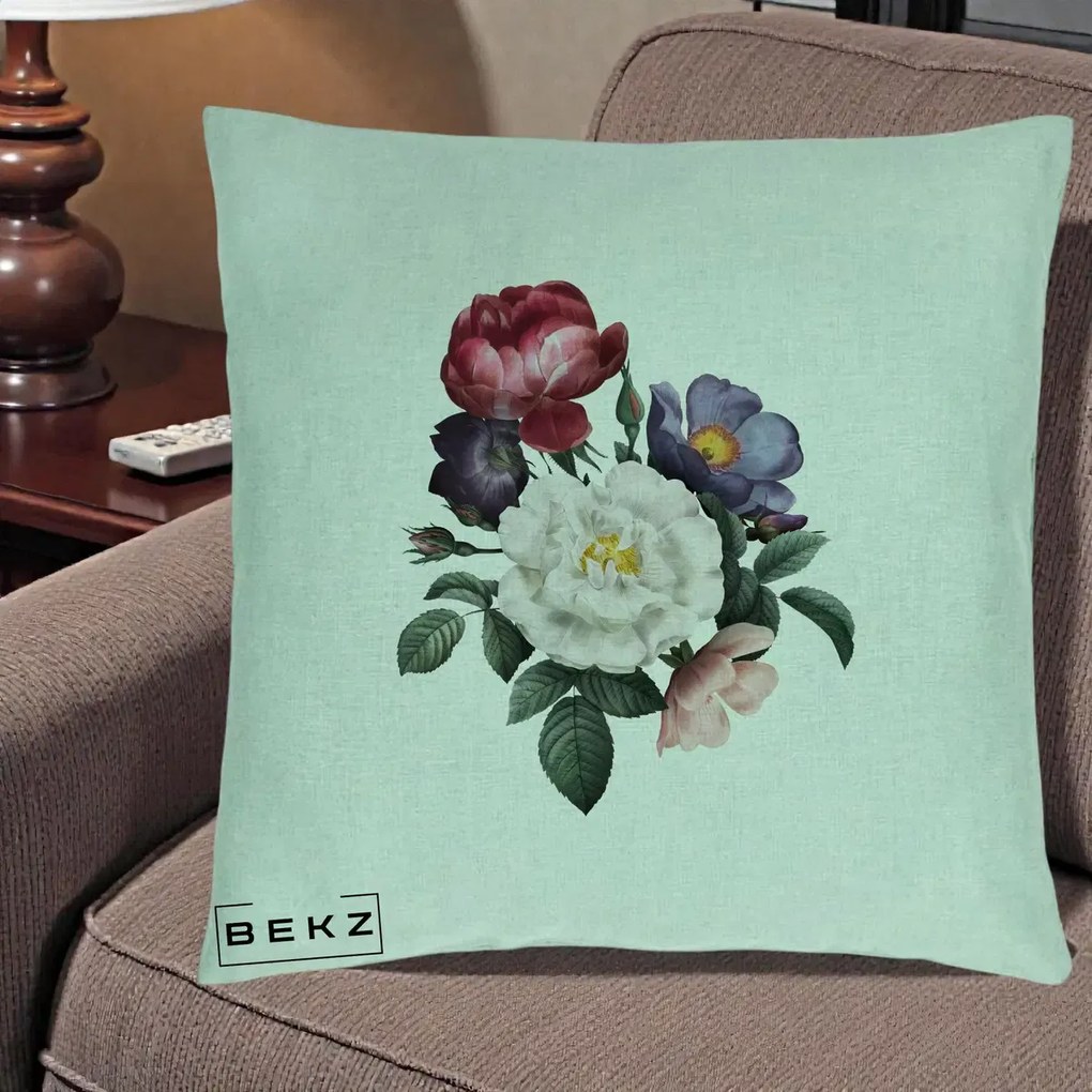 Perna Decorativa Buchet Trandafiri Bujori Botanical, 40x40 cm, Verde Menta, Husa Detasabila, Perna Inclusa, BEKZ®