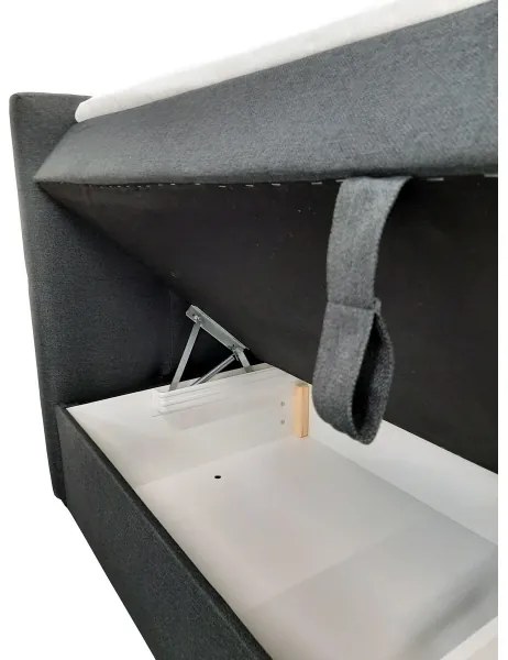 Pat tapițat EMBER 180x200 cm, antracit, cu saltele, topper și spațiu de depozitare