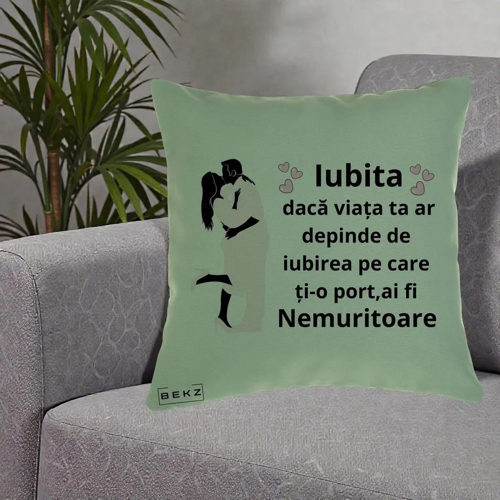 Cadou pentru Iubita - Perna Personalizata Iubita Nemuritoare cu Siluete de Cuplu, 40x40 cm, Verde, Husa Detasabila, Perna Inclusa, BEKZ®