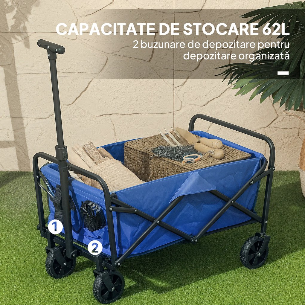 Outsunny Trolley de 62L pentru Festivaluri pe Roți, Cărucior de Grădină Pliabil, Wagon Compact cu Capacitate 120kg, Mâner Reglabil și Geantă pentru Plajă, Camping, Festivaluri, Albastru | Aosom Romania